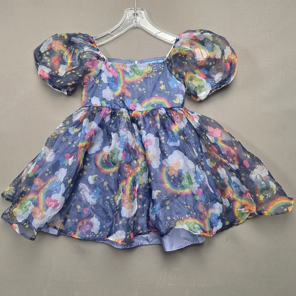 Care Bears Mad Engine Girls Blue Rainbow Organza Puff Sleeve Dress Size M 8